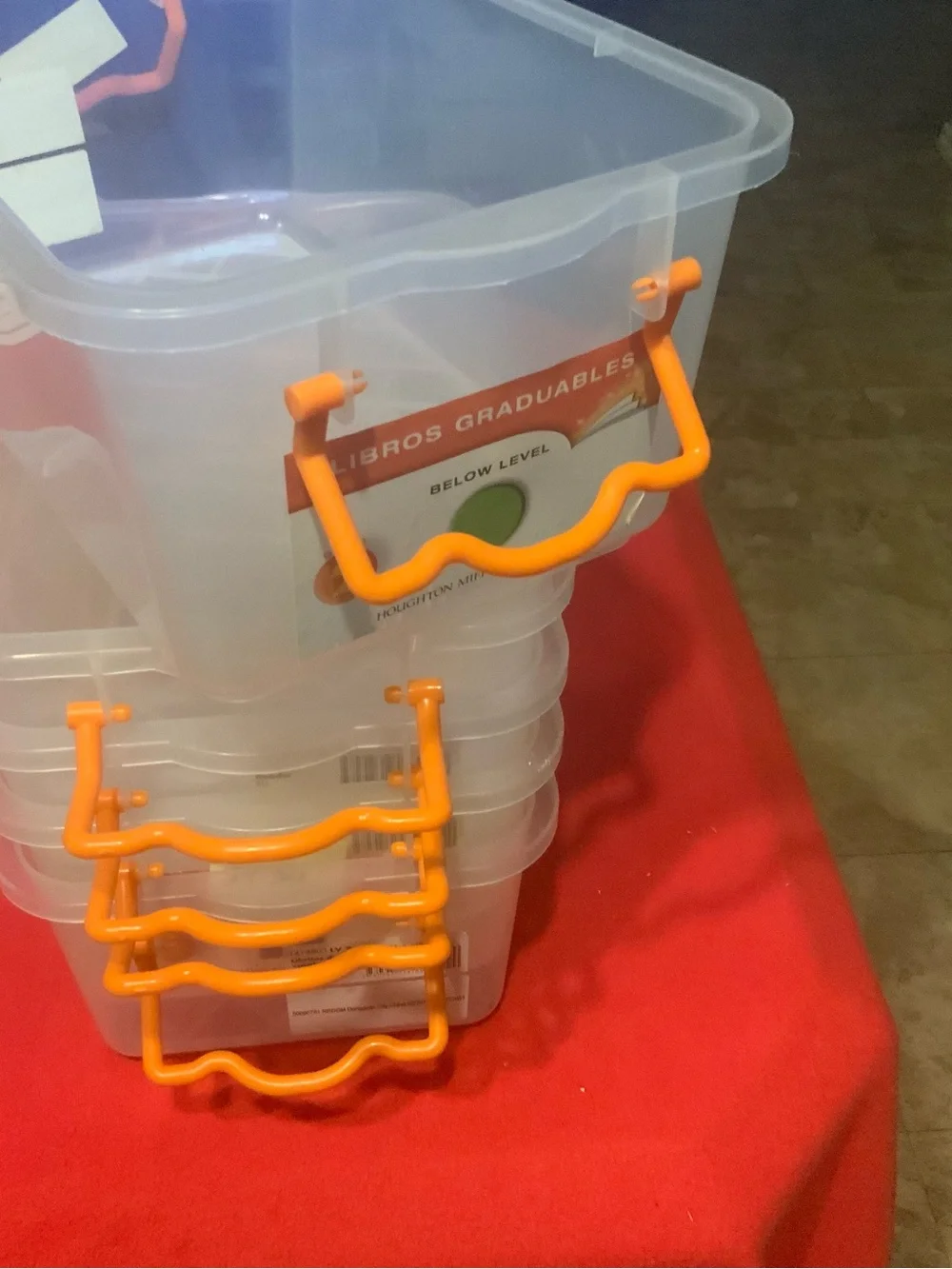Clear Plastic Stackable Storage Book Bins with Orange Handles
